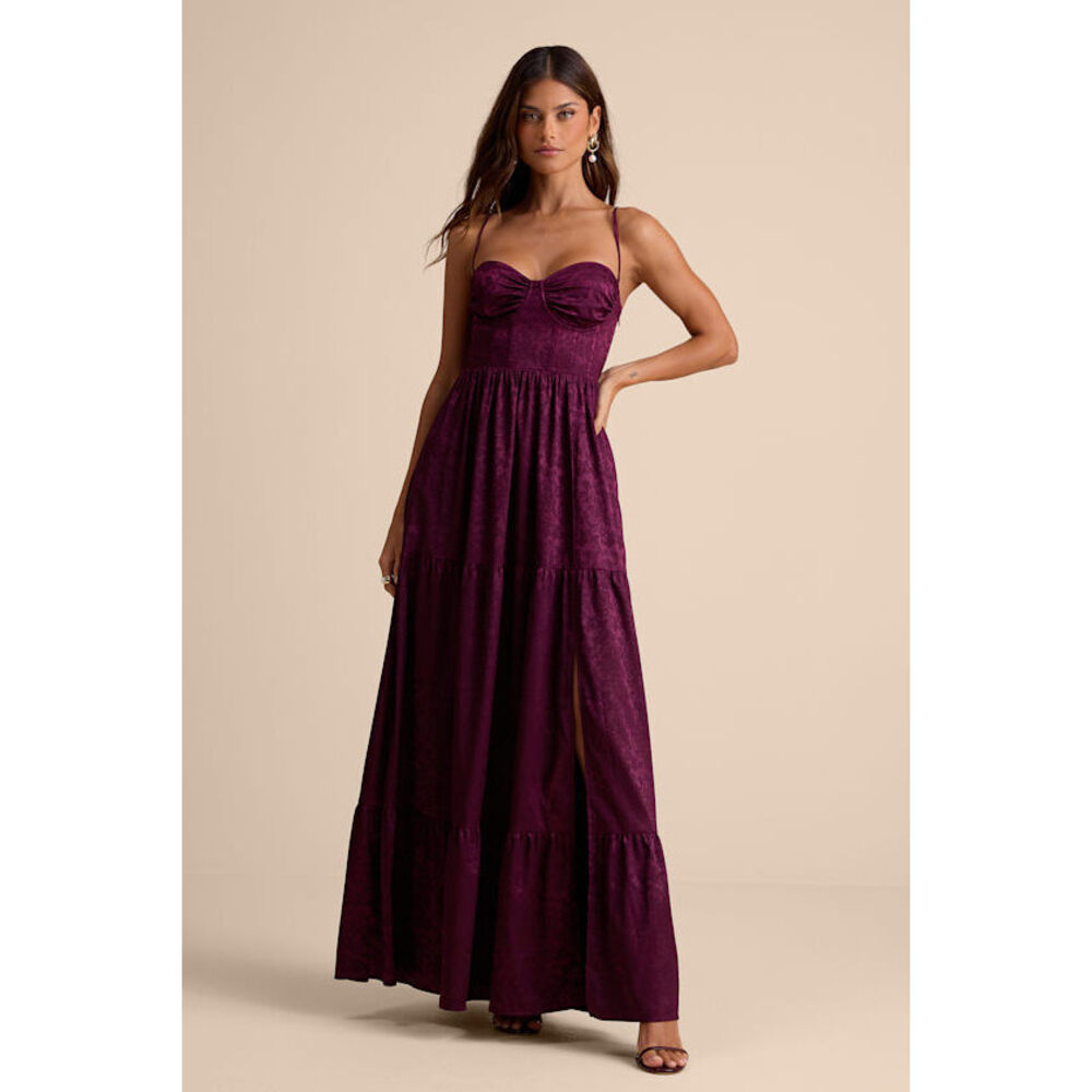 Lulus Vasilia Plum Purple Satin Jacquard Tiered Corset Maxi Dress - Size XS